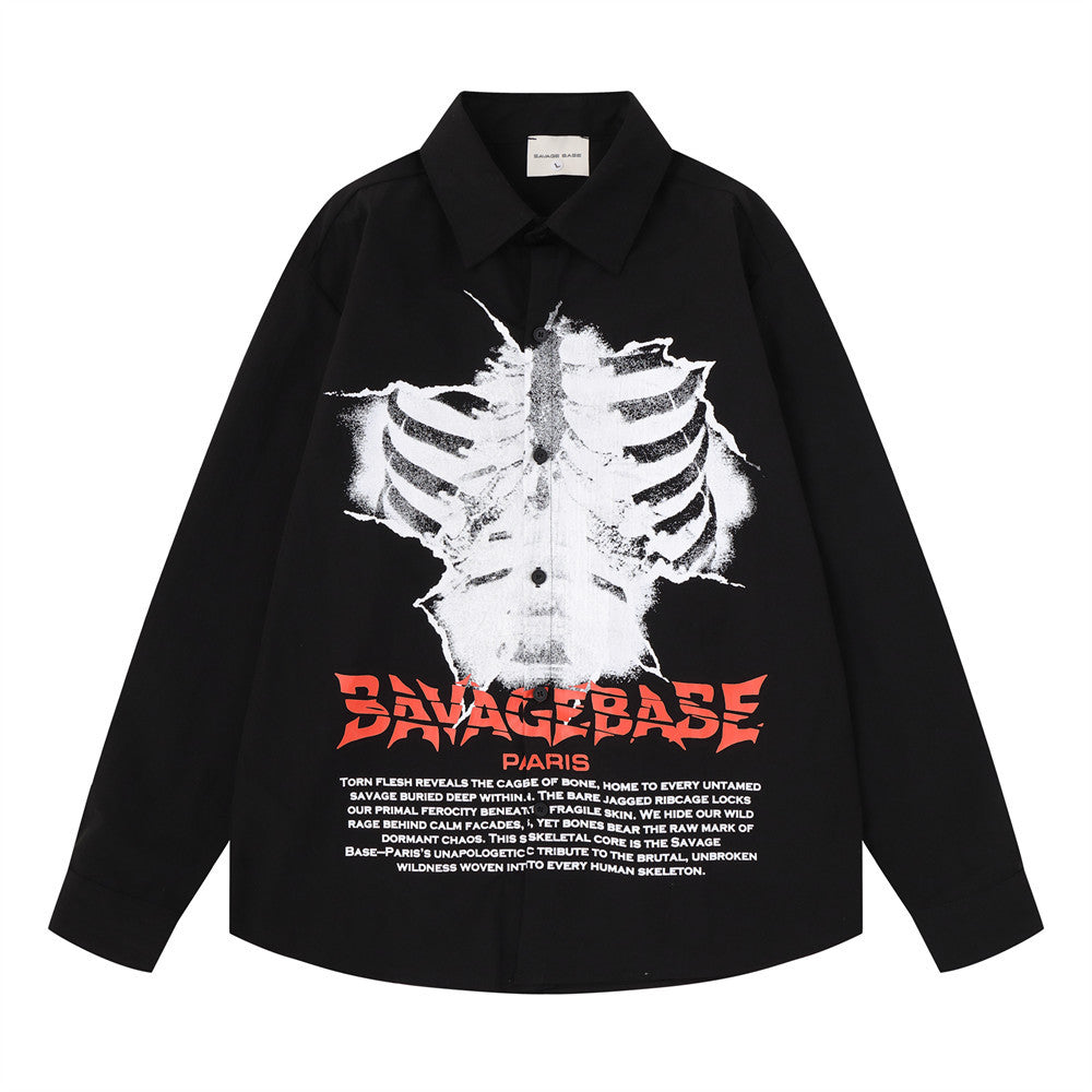 Savage Base Paris men's oversized long sleeve shirt with skeleton ribcage graphic print in black colorway, front view