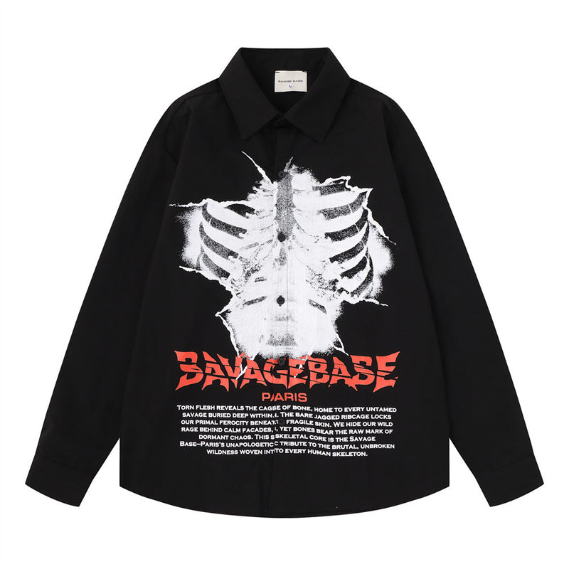 Savage Base Paris men's oversized long sleeve shirt with skeleton ribcage graphic print in black colorway, front view