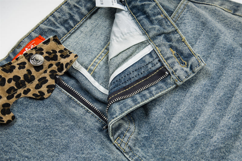Leopard Print Patchwork Distressed Denim Shorts – Men's Retro Streetwear Wide Le