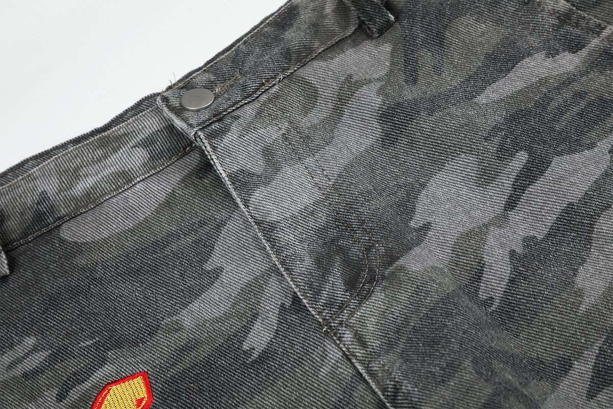 Camo Wide-Leg Cargo Denim Pants with Varsity Patches
