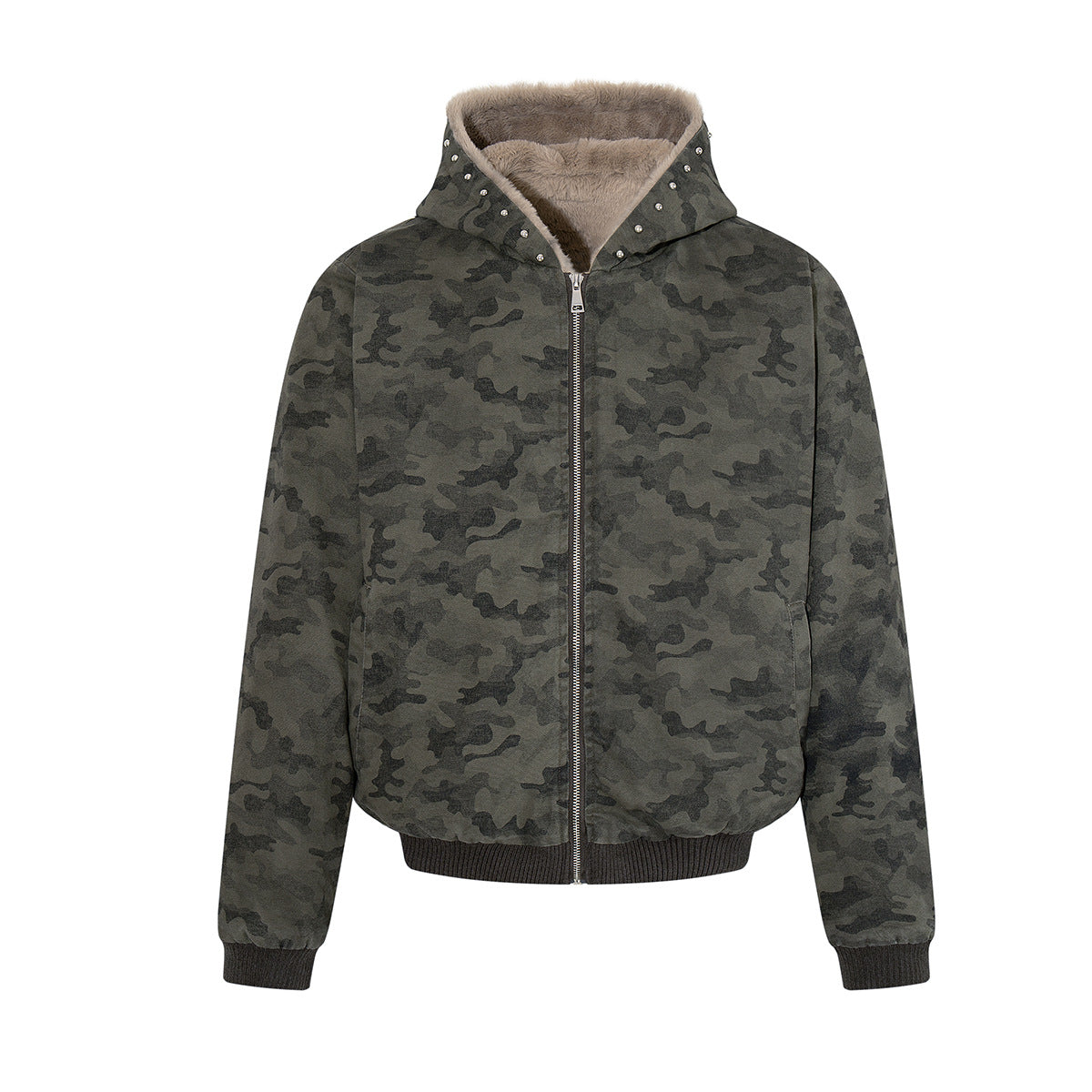 Dark green camouflage sherpa-lined hooded bomber jacket with silver stud hood trim and ribbed cuffs, front and back view