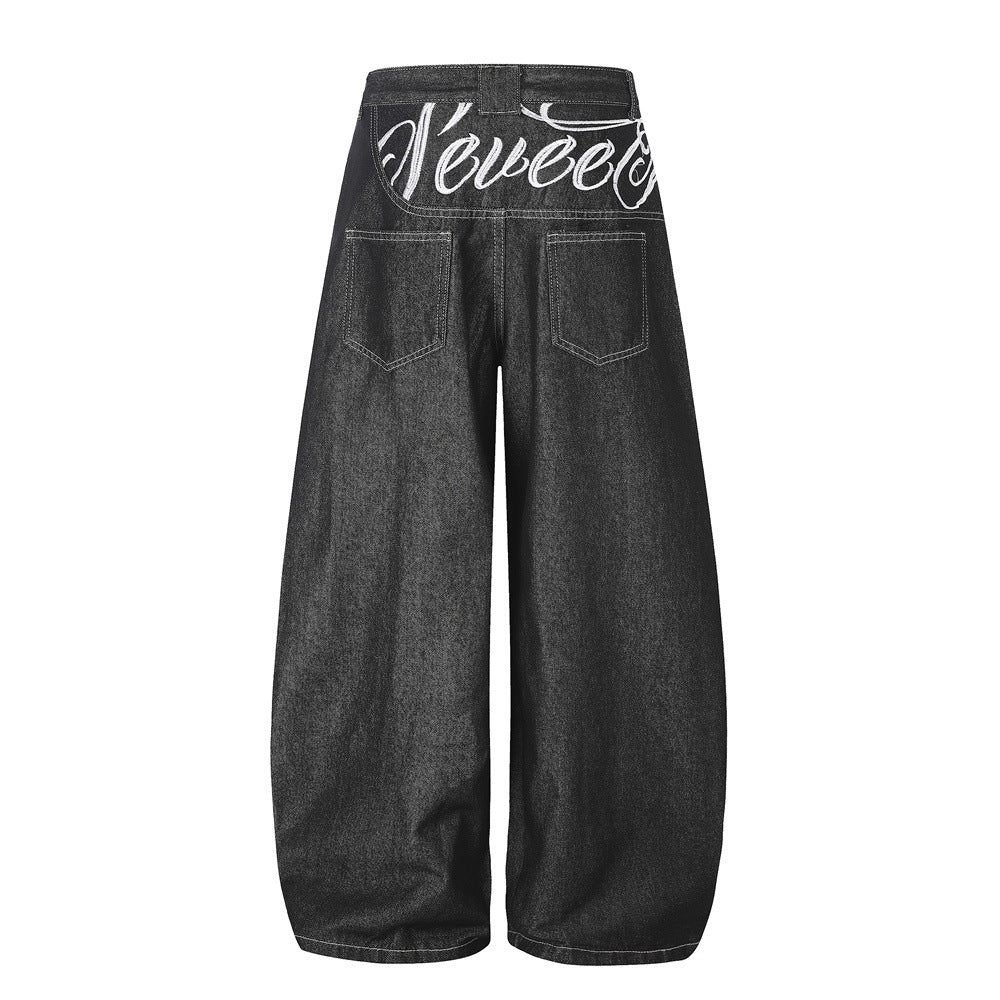 Men's Wide-Leg Jeans – Loose Fit Dark Black Denim with Back Script Embroidery &