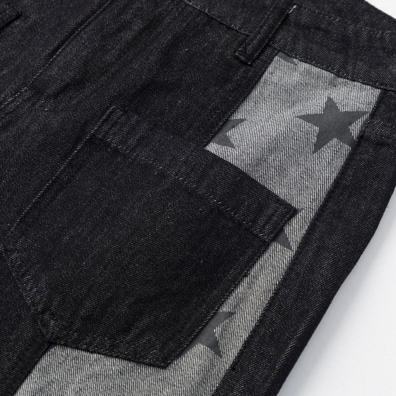 Black Baggy Jeans Men Star Print Patchwork Wide-Leg Denim Pants