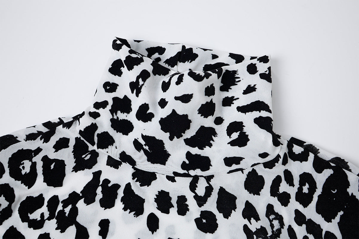 Leopard Print Turtleneck Long Sleeve Slim-Fit Shirt