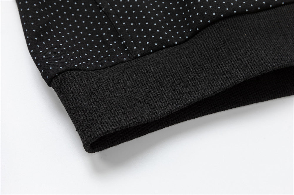 Men's Black Polka Dot Zip-Up Hoodie with Music Note Sleeve Tape