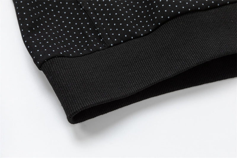 Men's Black Polka Dot Zip-Up Hoodie with Music Note Sleeve Tape