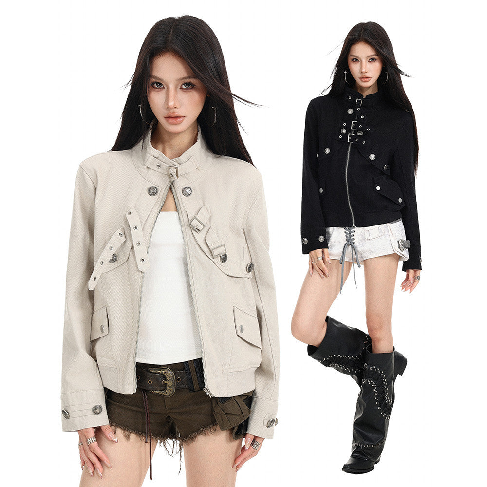Men's Military-Inspired Short Jacket with Stand Collar, Buckle Straps & Button