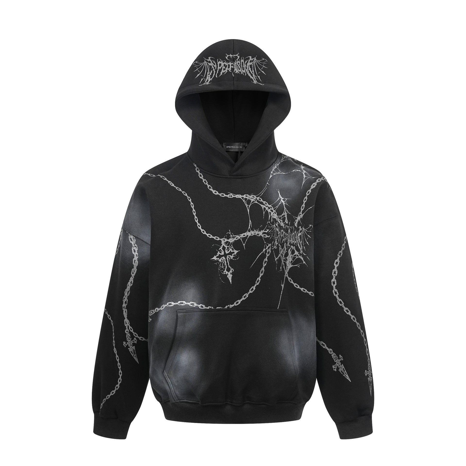 Sudadera oversize de gran gramaje con capucha, estampado gótico de cadenas y cruces en negro y gráfico plateado; vistas frontal y trasera