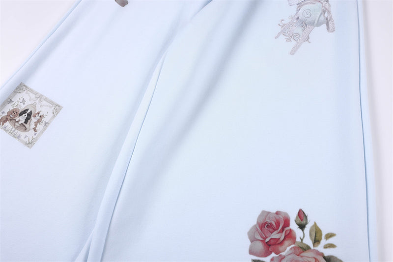 Wide-Leg Sweatpants with 3D Rose & Butterfly Print, Elastic Drawstring Waist