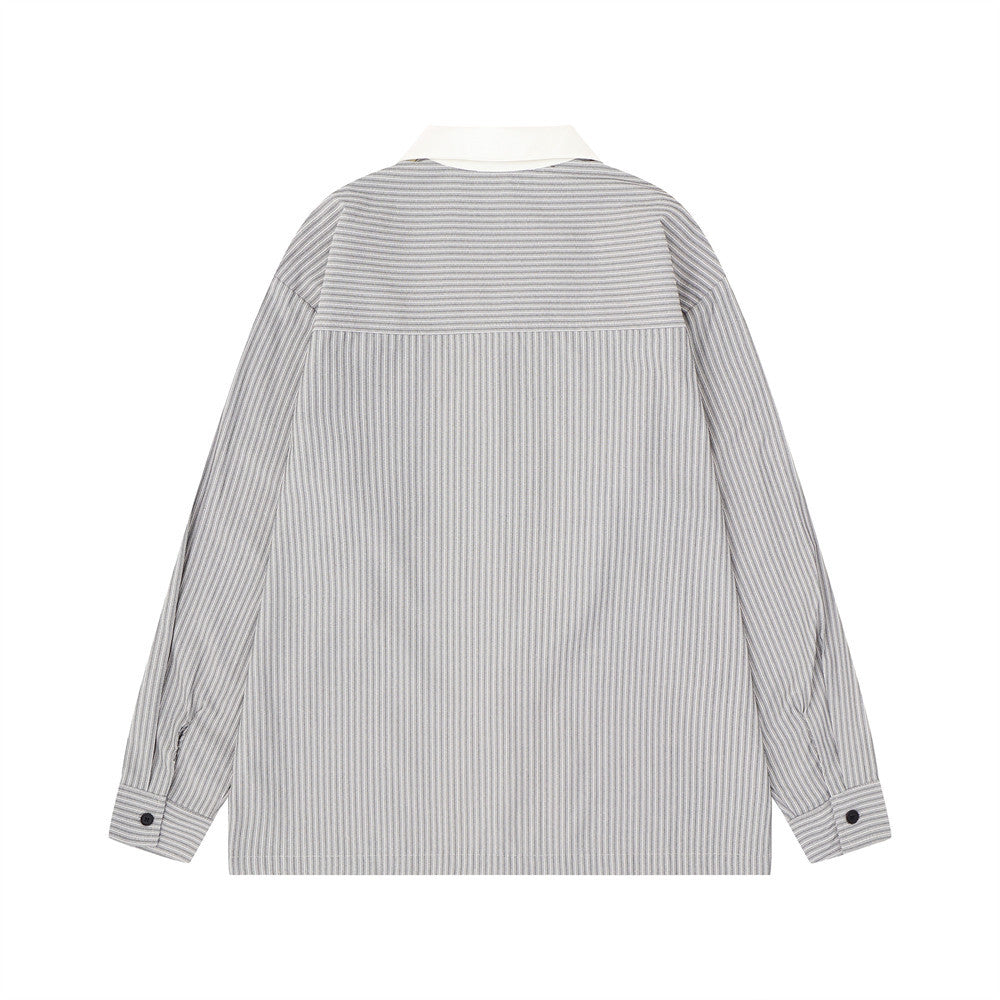Gray striped long sleeve shirt shown from the back with white collar and buttoned cuffs