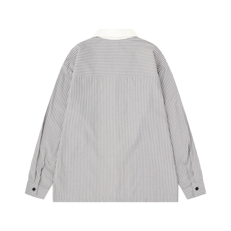 Gray striped long sleeve shirt shown from the back with white collar and buttoned cuffs