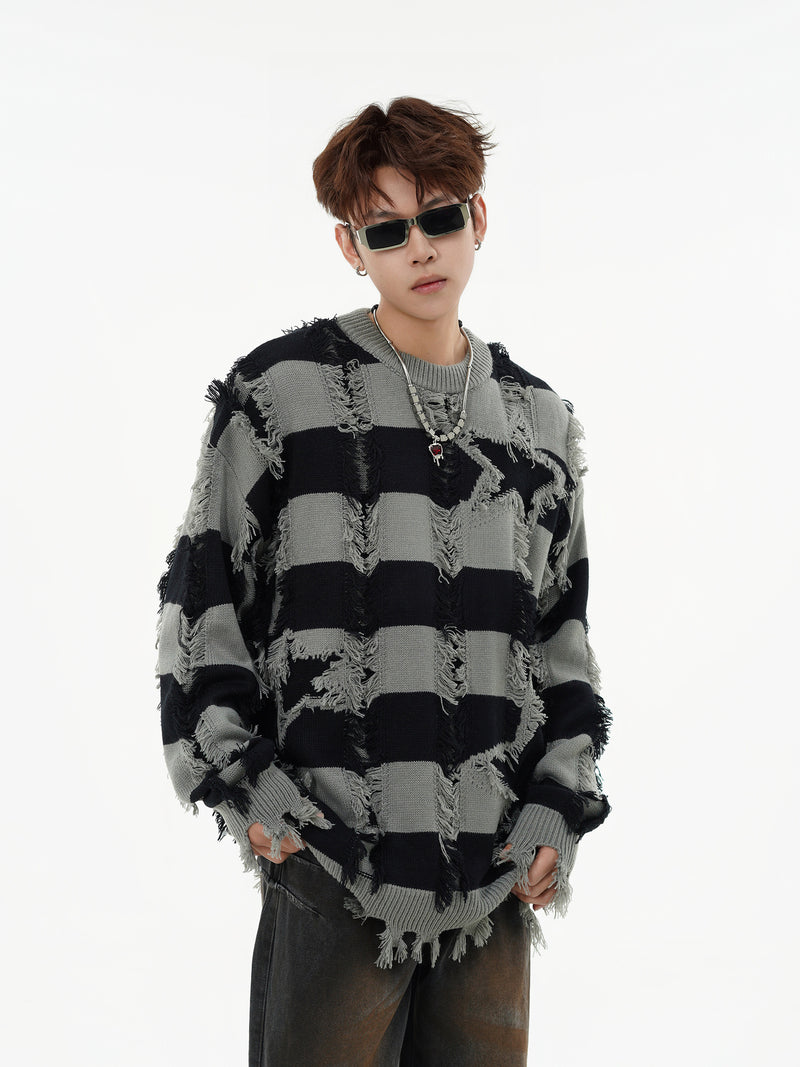 Pull oversize en maille rayée à étoiles délavée – Col rond à franges