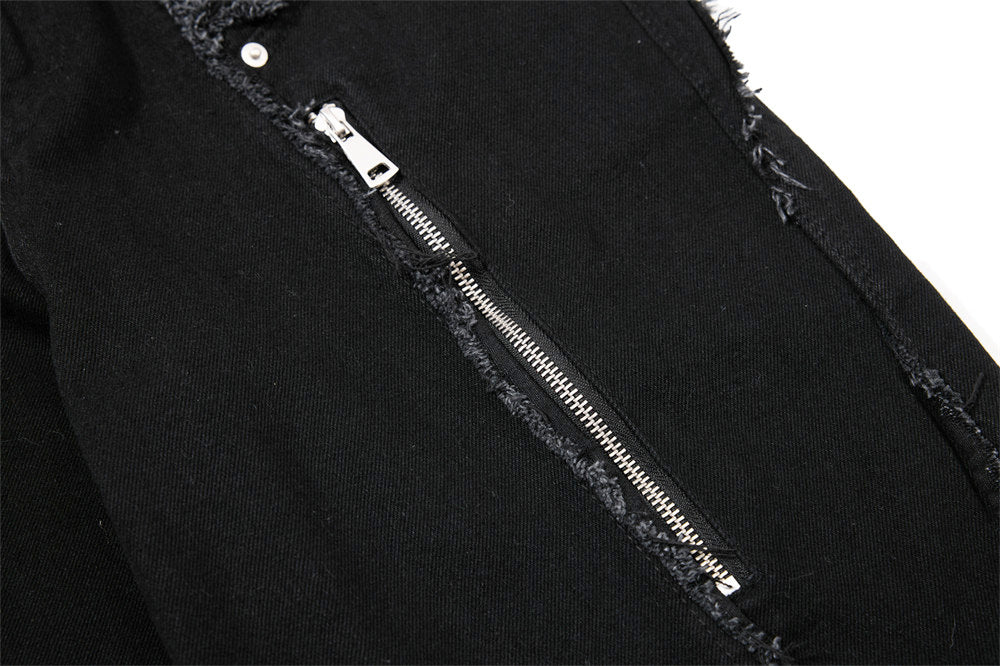 Black Wide-Leg Deconstructed Jeans – Zipper Detail & Raw-Edge Patchwork