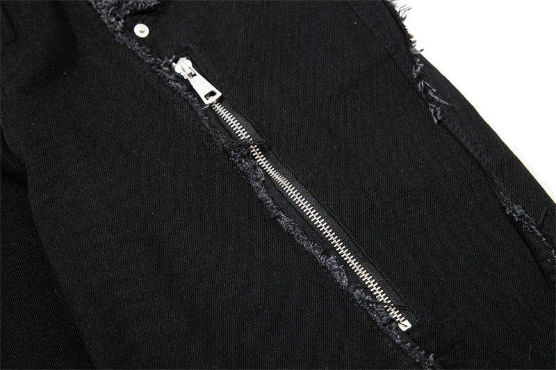 Black Wide-Leg Deconstructed Jeans – Zipper Detail & Raw-Edge Patchwork
