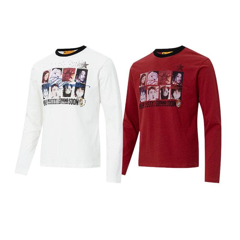 T-shirt graphique à manches longues et col rond – Motif portrait punk, coupe ajustée