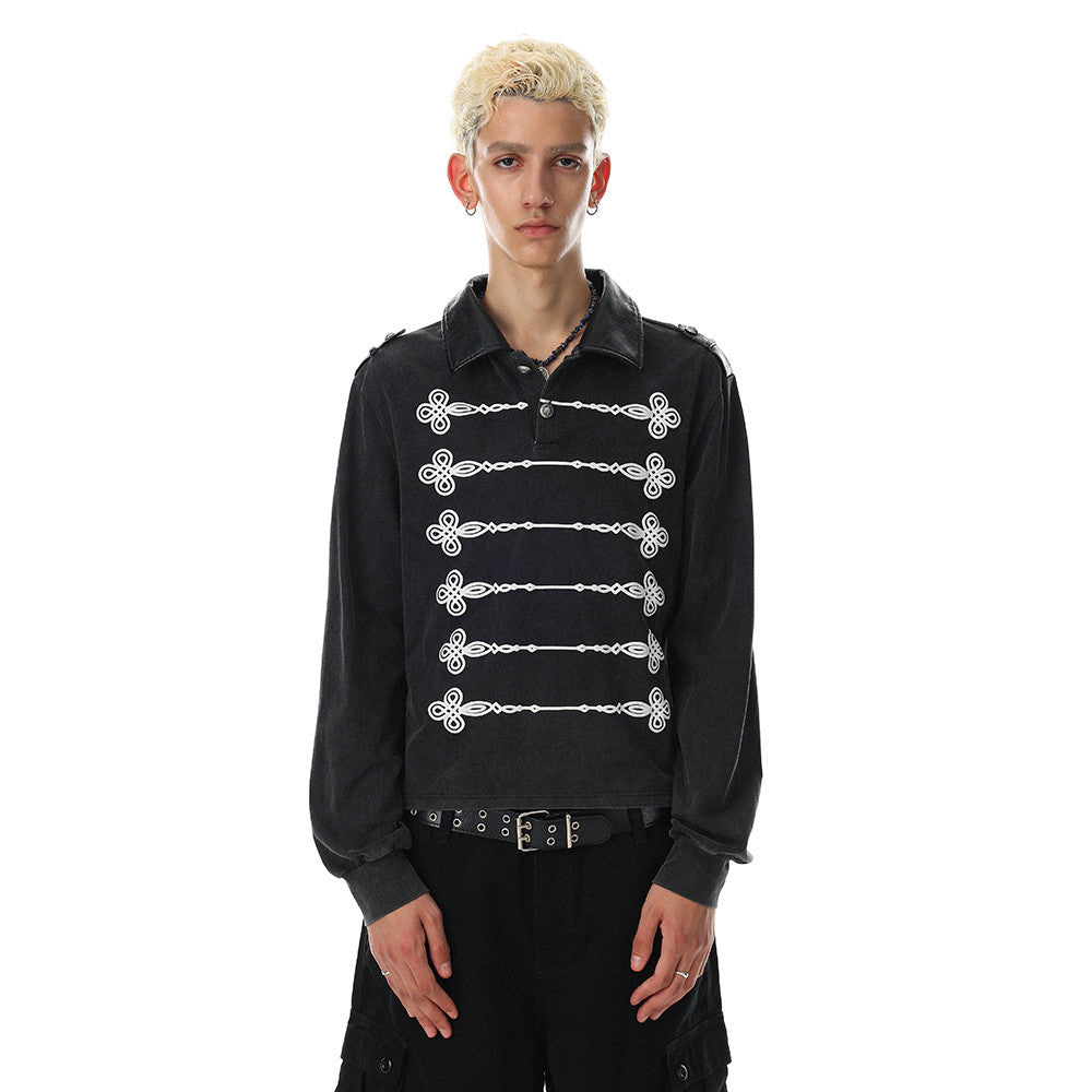 Men's washed black cropped long sleeve polo shirt with white braided cord military embroidery on the chest and epaulette shou