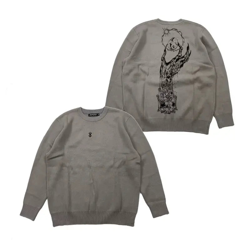 Dark Anime Occult Graphic Oversized Knit Crewneck Sweater in Stone Grey