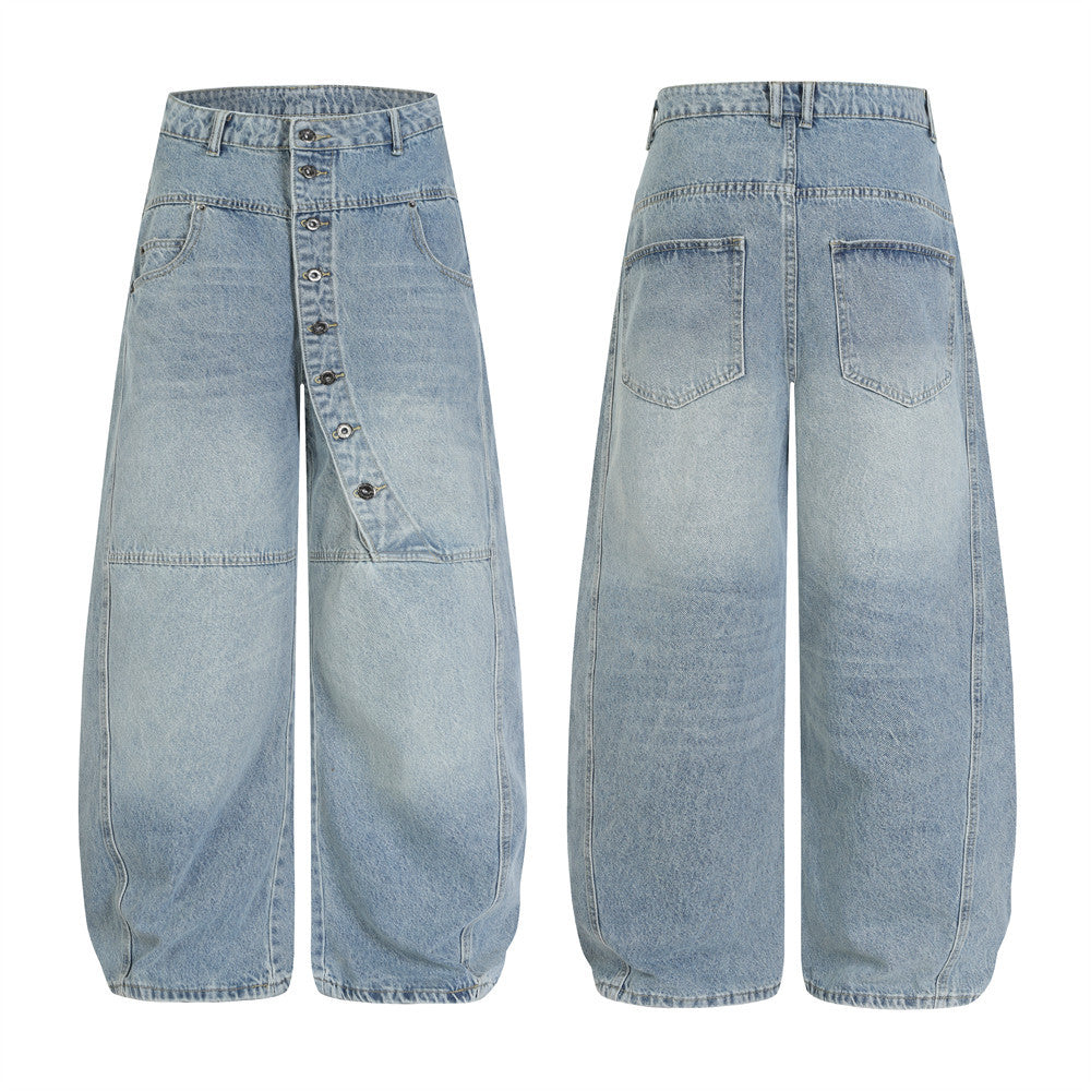 Men's light blue wide-leg barrel jeans with diagonal button fly and vintage wash, front and back view