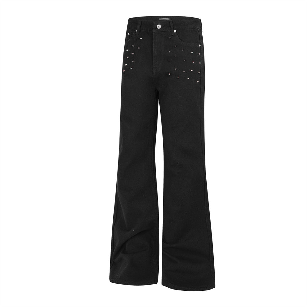 Schwarze Nieten-Wide-Leg-Flare-Jeans für Herren – Retro-Hippie-Denim