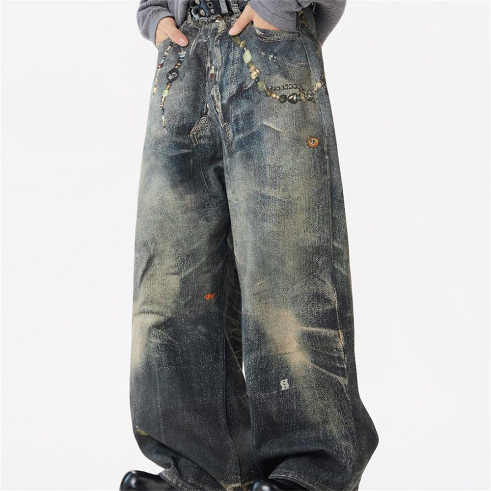 Wide-Leg Jeans with Chain & Bead Embellishments – Vintage Dirty-Wash Punk Denim