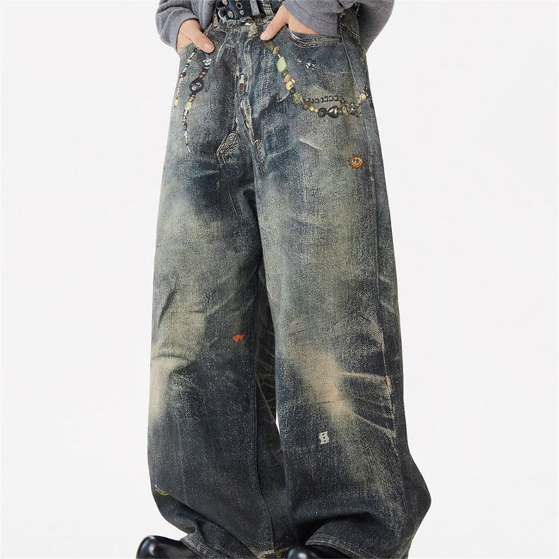 Wide-Leg Jeans with Chain & Bead Embellishments – Vintage Dirty-Wash Punk Denim