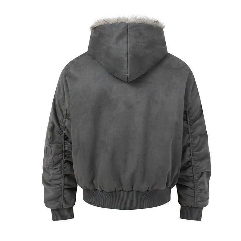 Bomber en suédine avec capuche en fausse fourrure – Manteau d’hiver oversize