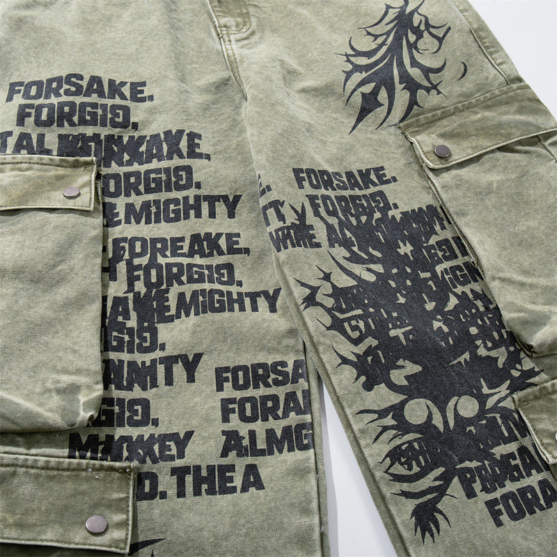 Wide-Leg Cargo Pants with Tribal Graphic & Letter Print – Acid Wash Army Green