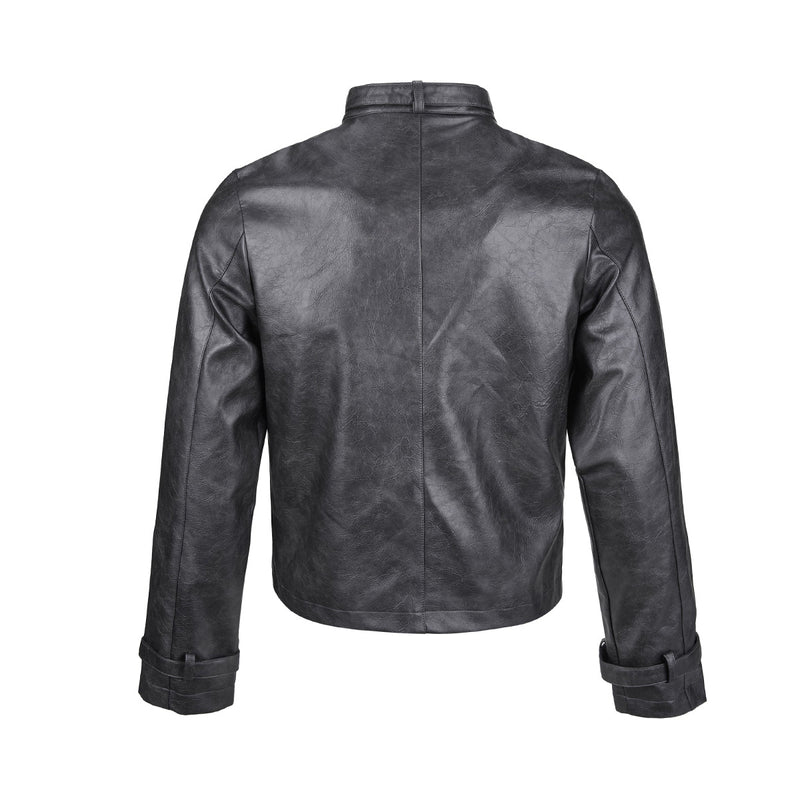 Blouson biker oversize en cuir – Style moto à col montant et poignets à boucles