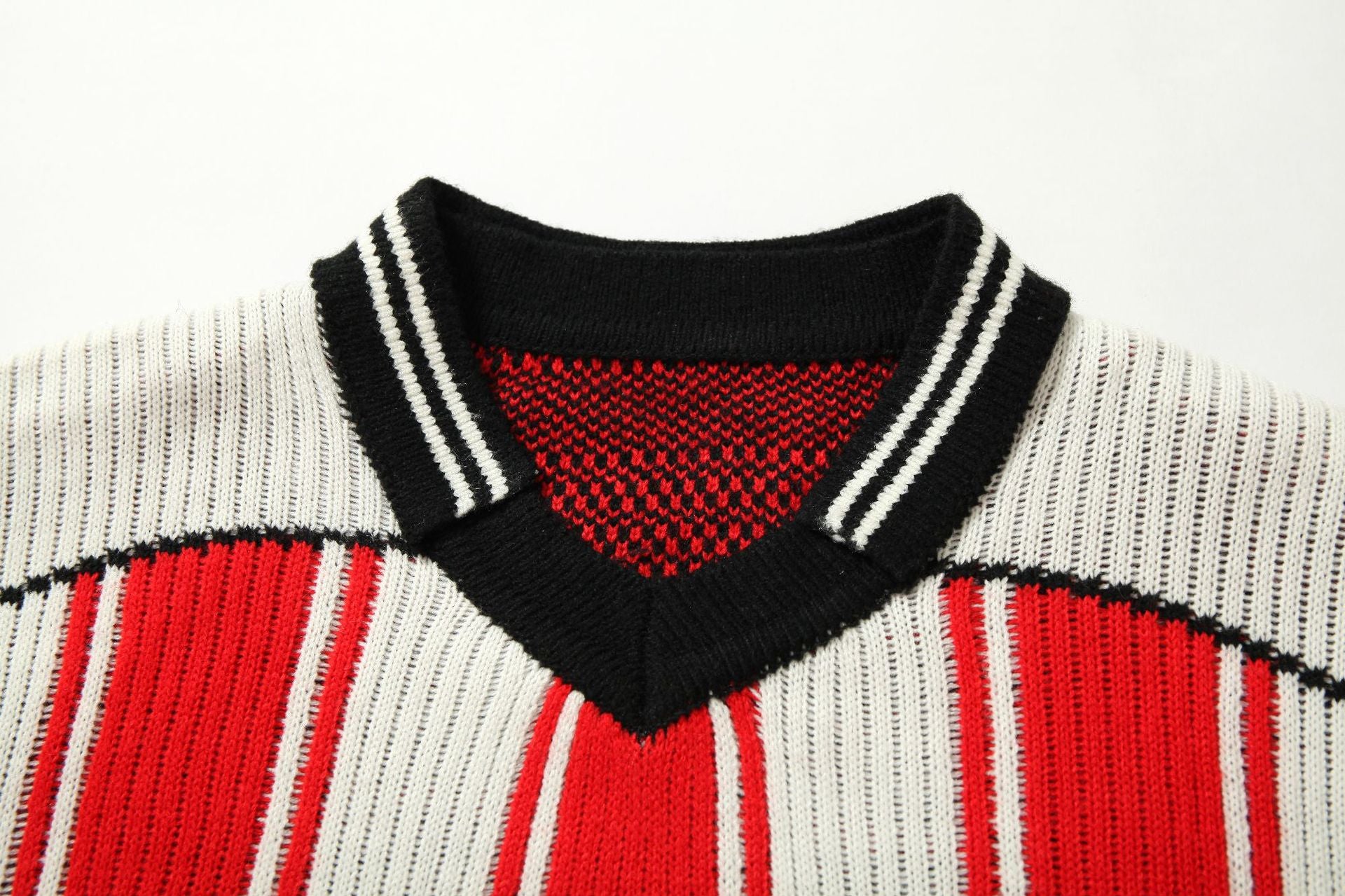 Red and White Striped V-Neck Sweater – Number 17 Oversized Knit Sports Jersey