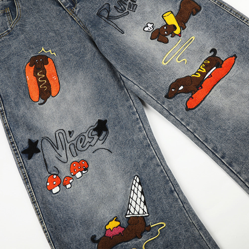 Cartoon Dachshund Embroidered Wide-Leg Jeans – Men's Vintage Washed Curved Hem