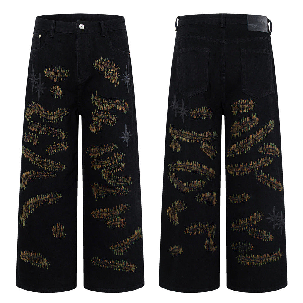 Wide-Leg Jeans with Chaotic Needle Embroidery & Star Patches