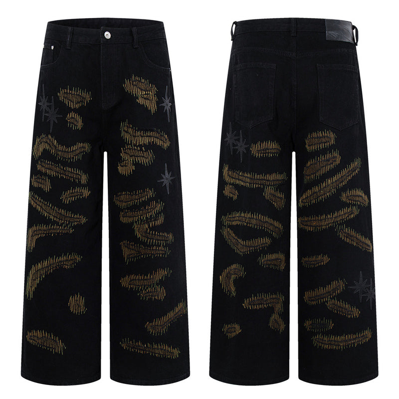 Wide-Leg Jeans with Chaotic Needle Embroidery & Star Patches