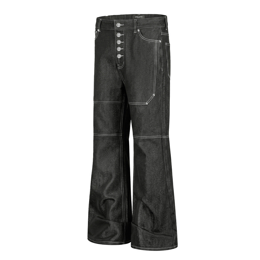 Jean bootcut noir baggy pour homme – Braguette boutonnée, surpiqûres contrastantes et détails déstructurés