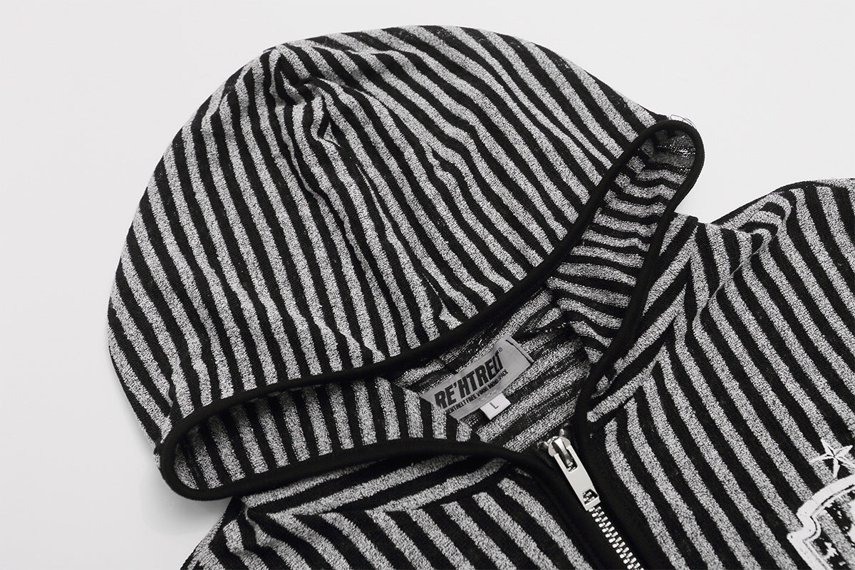 Striped Zip-Up Hoodie with Crest Embroidery & Sleeve Graphics