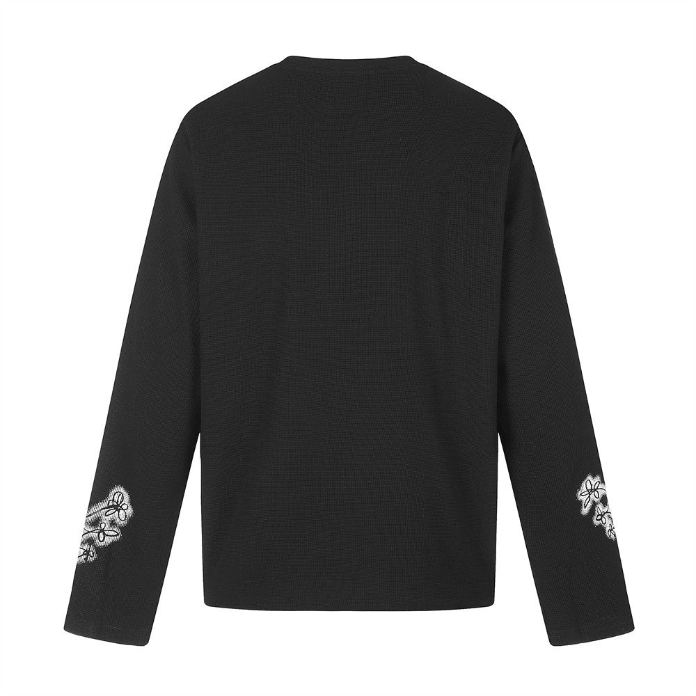 Black long sleeve crew neck tee back view with plain solid back and sleeve graphic details