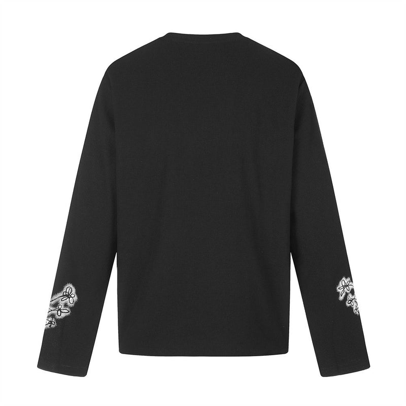 Black long sleeve crew neck tee back view with plain solid back and sleeve graphic details