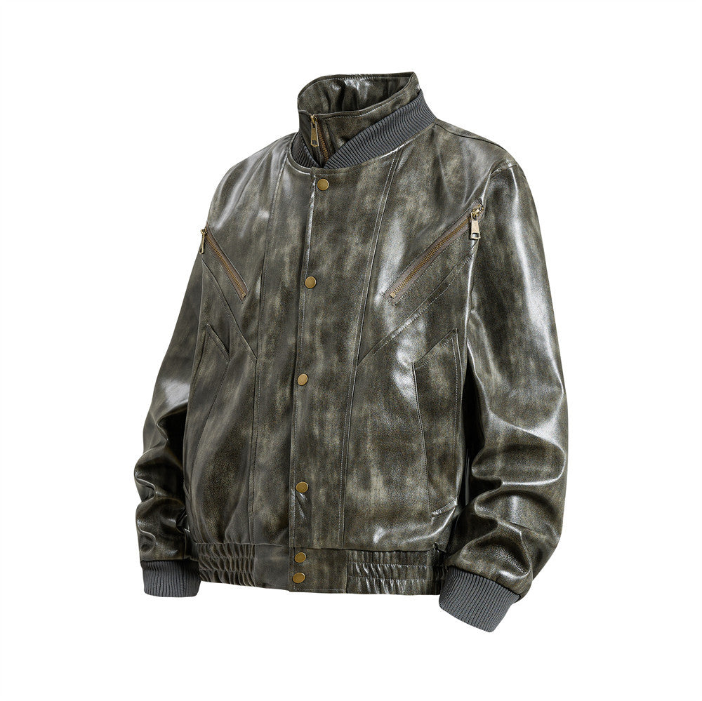 Men's Distressed Glossy PU Leather Bomber Jacket with Stand Collar & Diagonal