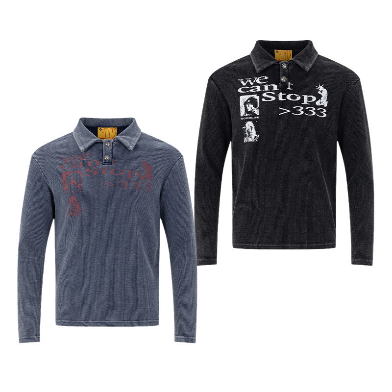 Polo manches longues – T-shirt graphique de créateur en maille gaufrée délavée