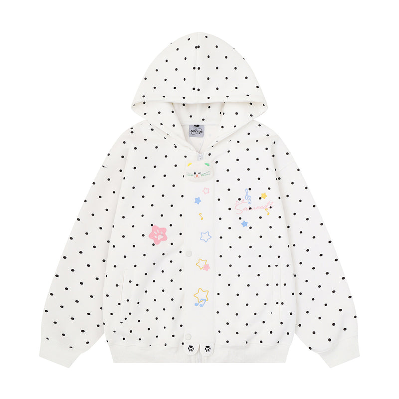Polka Dot Zip-Up Hoodie with 3D Cat Patch & Star Embroidery – Oversized Unisex