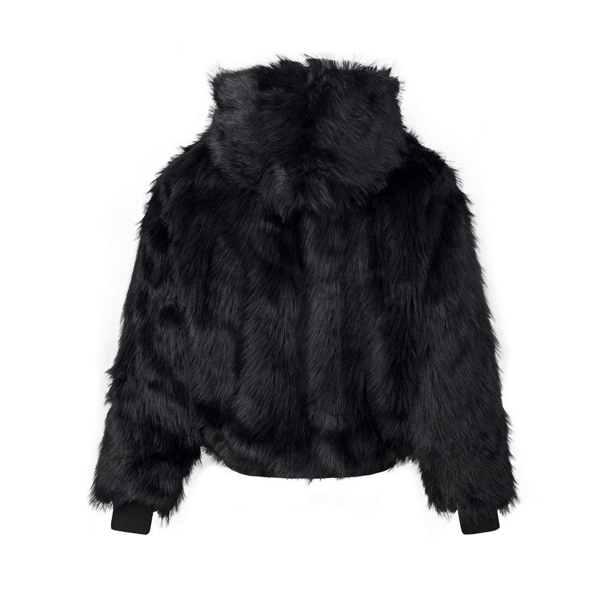 Faux Fur Hooded Bomber Jacket – Black with White Cross Patch