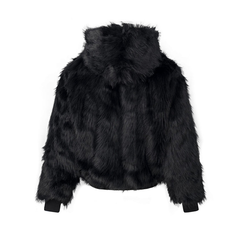 Faux Fur Hooded Bomber Jacket – Black with White Cross Patch