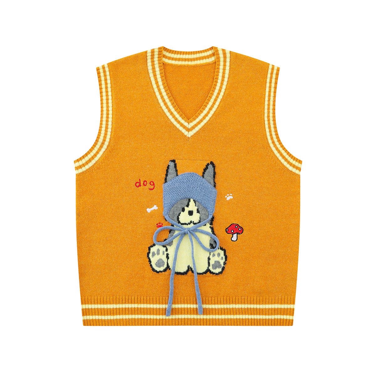 Orange knit sweater vest with cartoon dog jacquard graphic and 3D blue bonnet hat ribbon detail, V-neck collegiate stripe tri