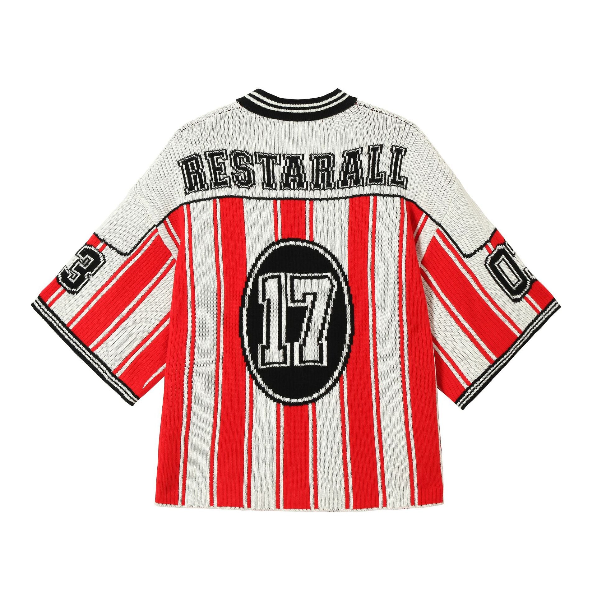 Red and White Striped V-Neck Sweater – Number 17 Oversized Knit Sports Jersey