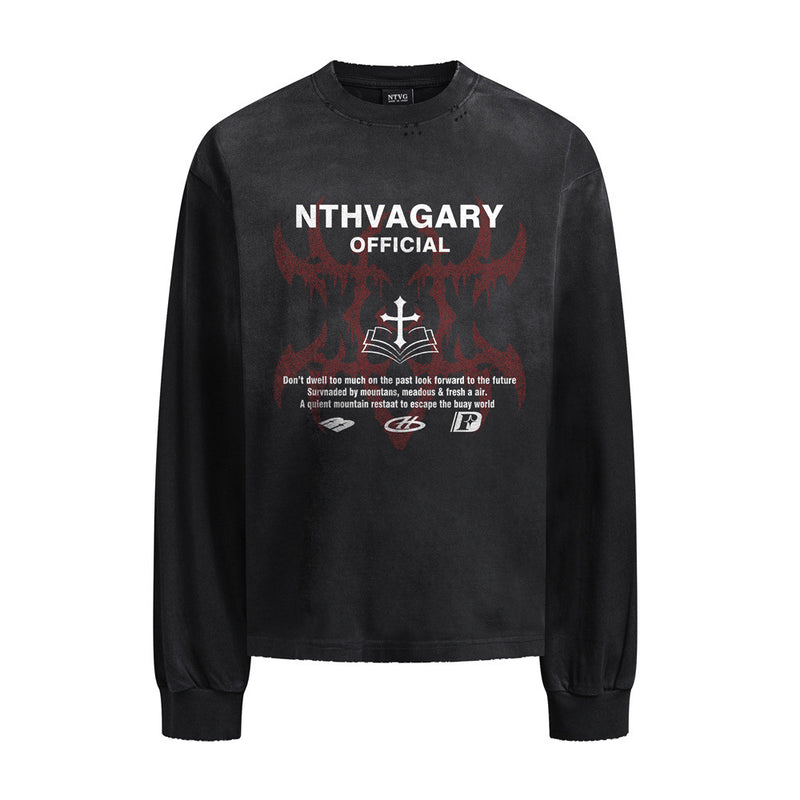 Long Sleeve T-Shirt with Cross & Flame Graphic, Distressed Washed Cotton