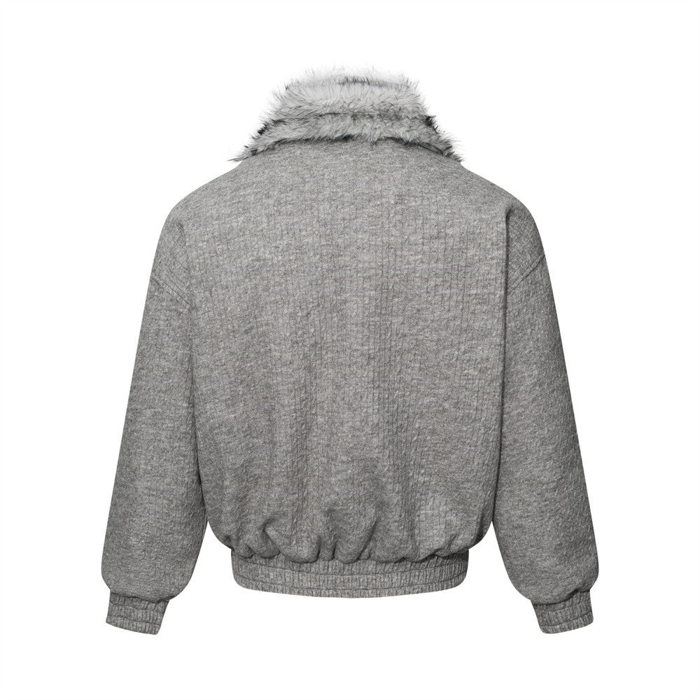 Men's Faux Fur Collar Double-Layer Knit Bomber Jacket