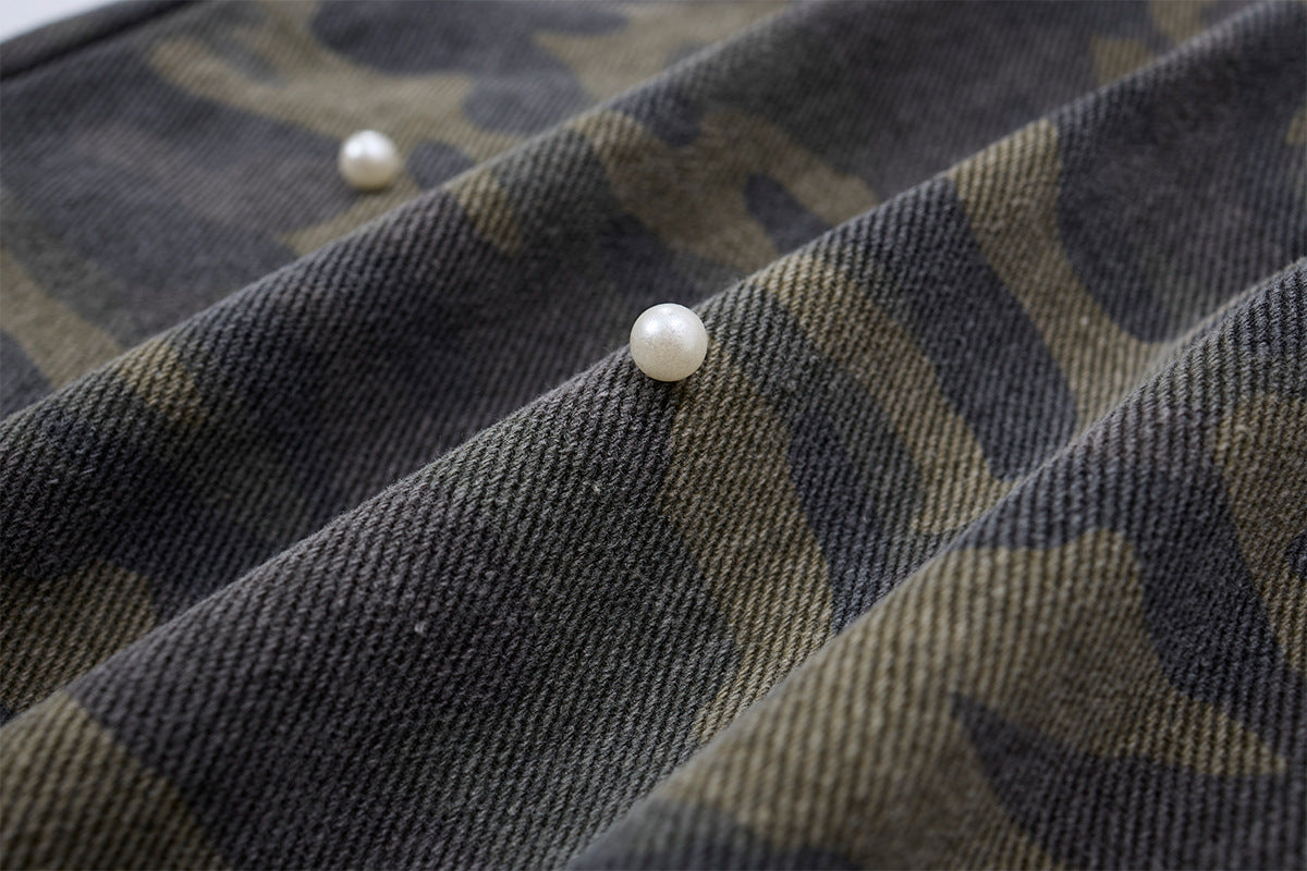 Pantalon cargo droit camouflage à clous perles – Denim à jambes larges