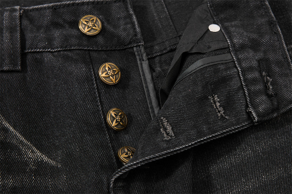 Men's Bell Bottom Jeans – Black Acid Wash Flare Leg with Lace-Up Hem & Button