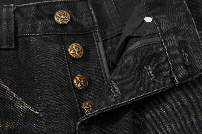 Men's Bell Bottom Jeans – Black Acid Wash Flare Leg with Lace-Up Hem & Button