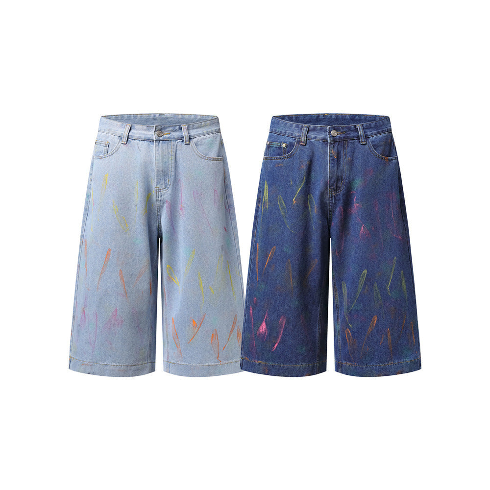 Hand-Painted Graffiti Denim Shorts – Wide-Leg Washed Jean Shorts
