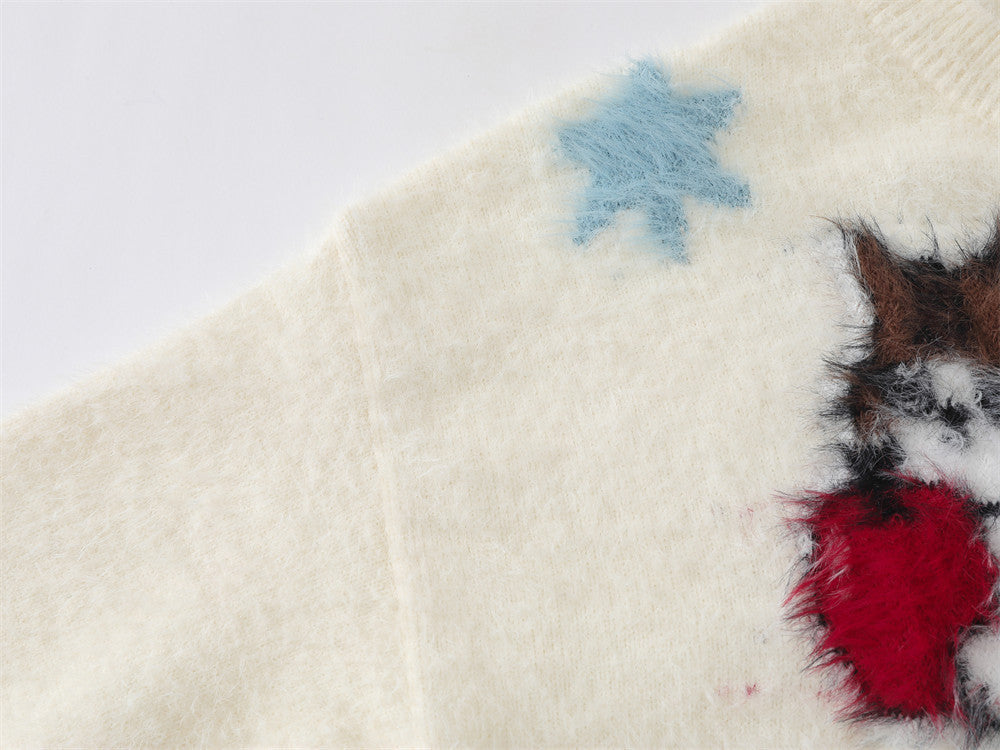 Cat Cartoon Fuzzy Knit Cardigan Sweater – Crew Neck Button-Front